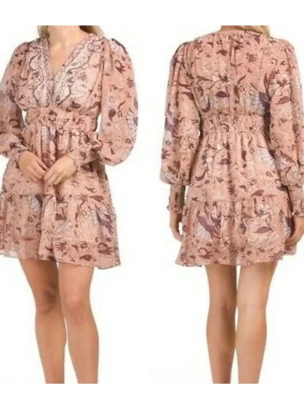 OPT Size L v neck floral boho long smocked sleeve mini dress
